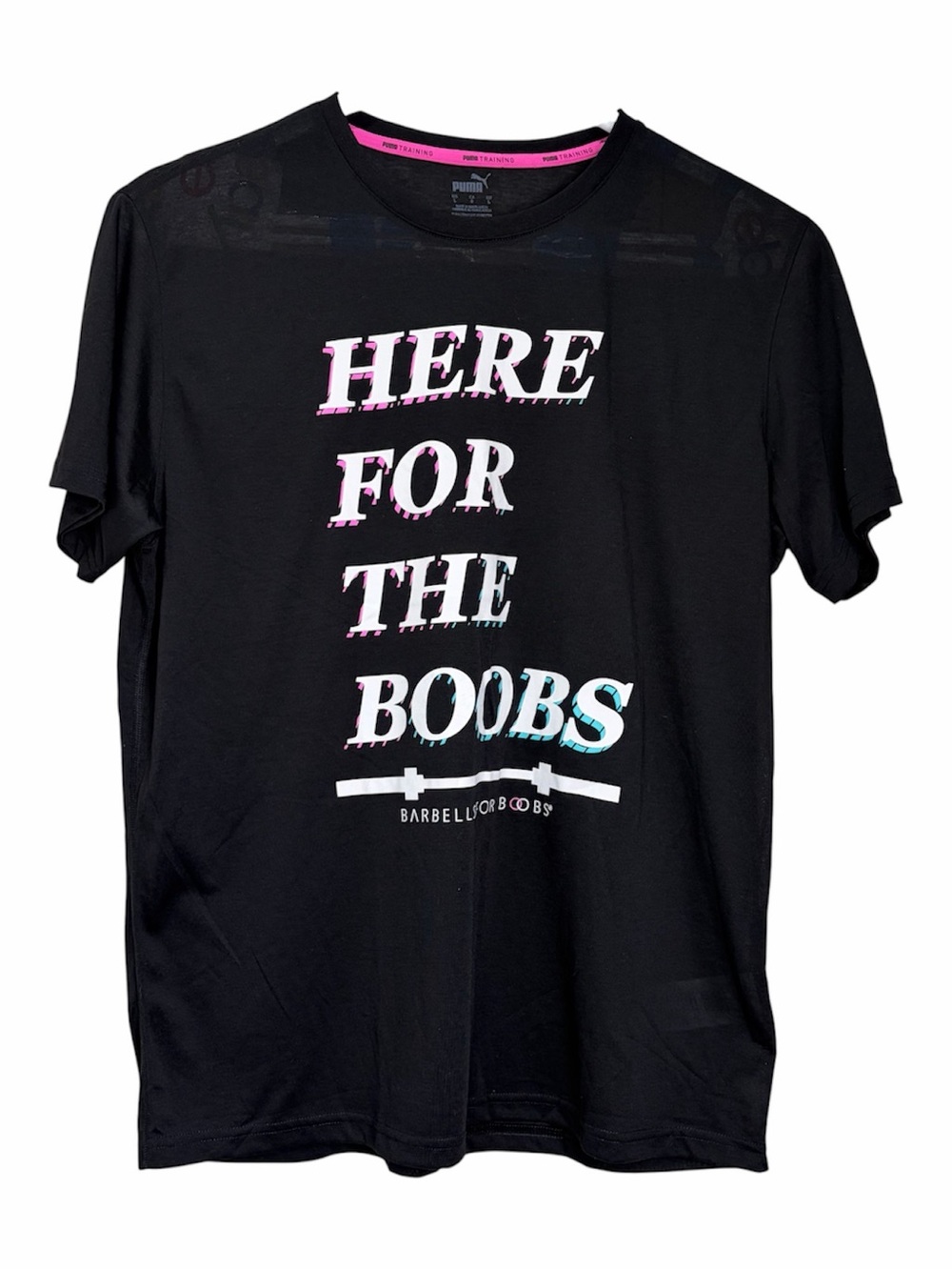PUMA Barbells For Boobs T-Shirt Womens Large L Black Pink Here For The Boobs